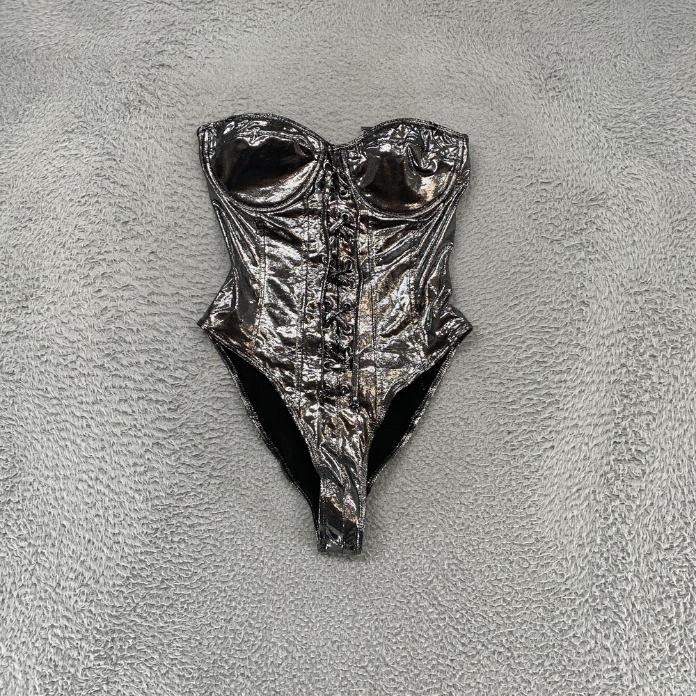 Forplay Bodysuit Womens M/L Metallic Gunmetal Corset Festival‎ Rave Cyber Y2K